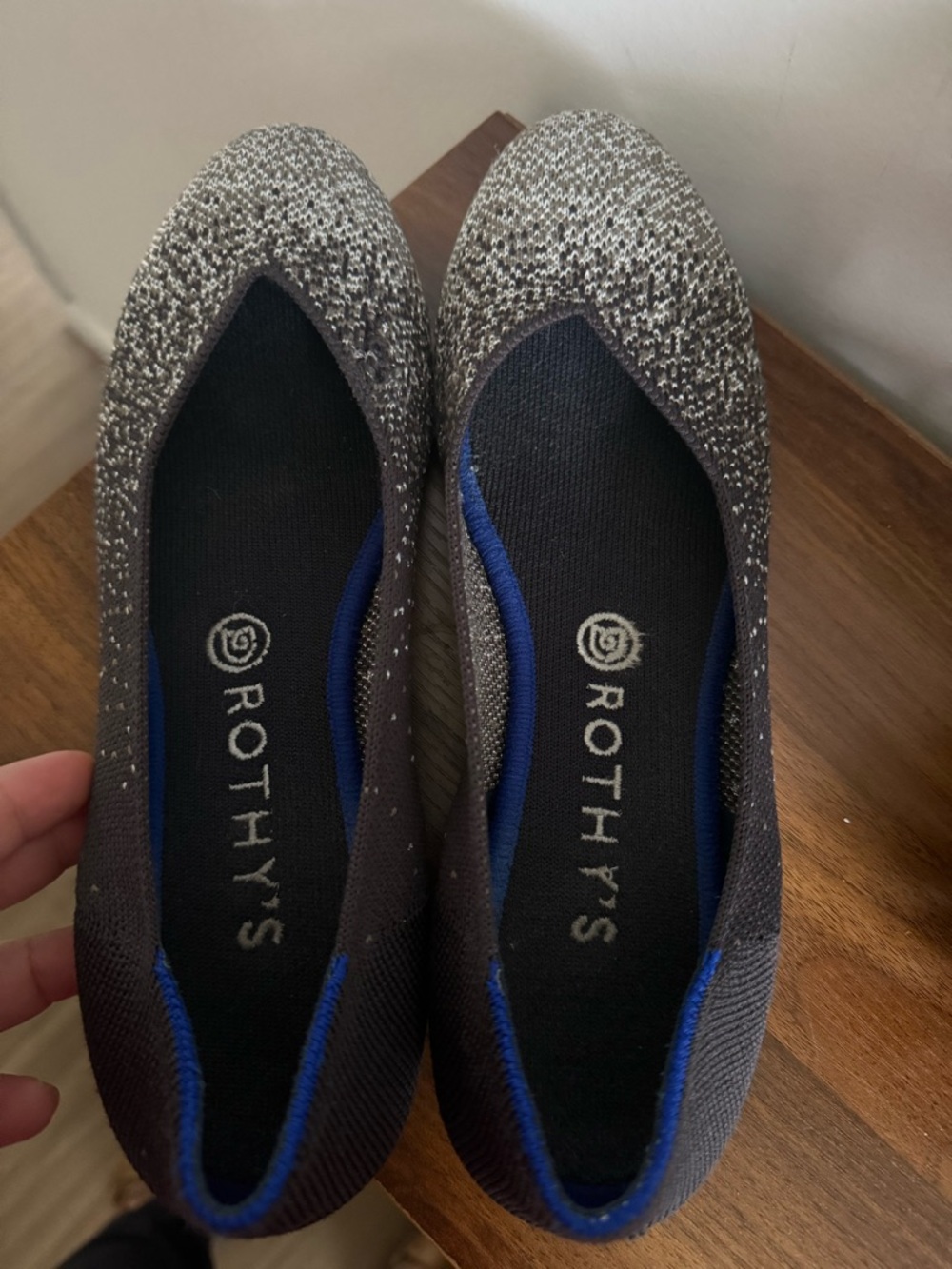 Rothy's Gray Knit Slip-On Ballet Flats with Blue Trim